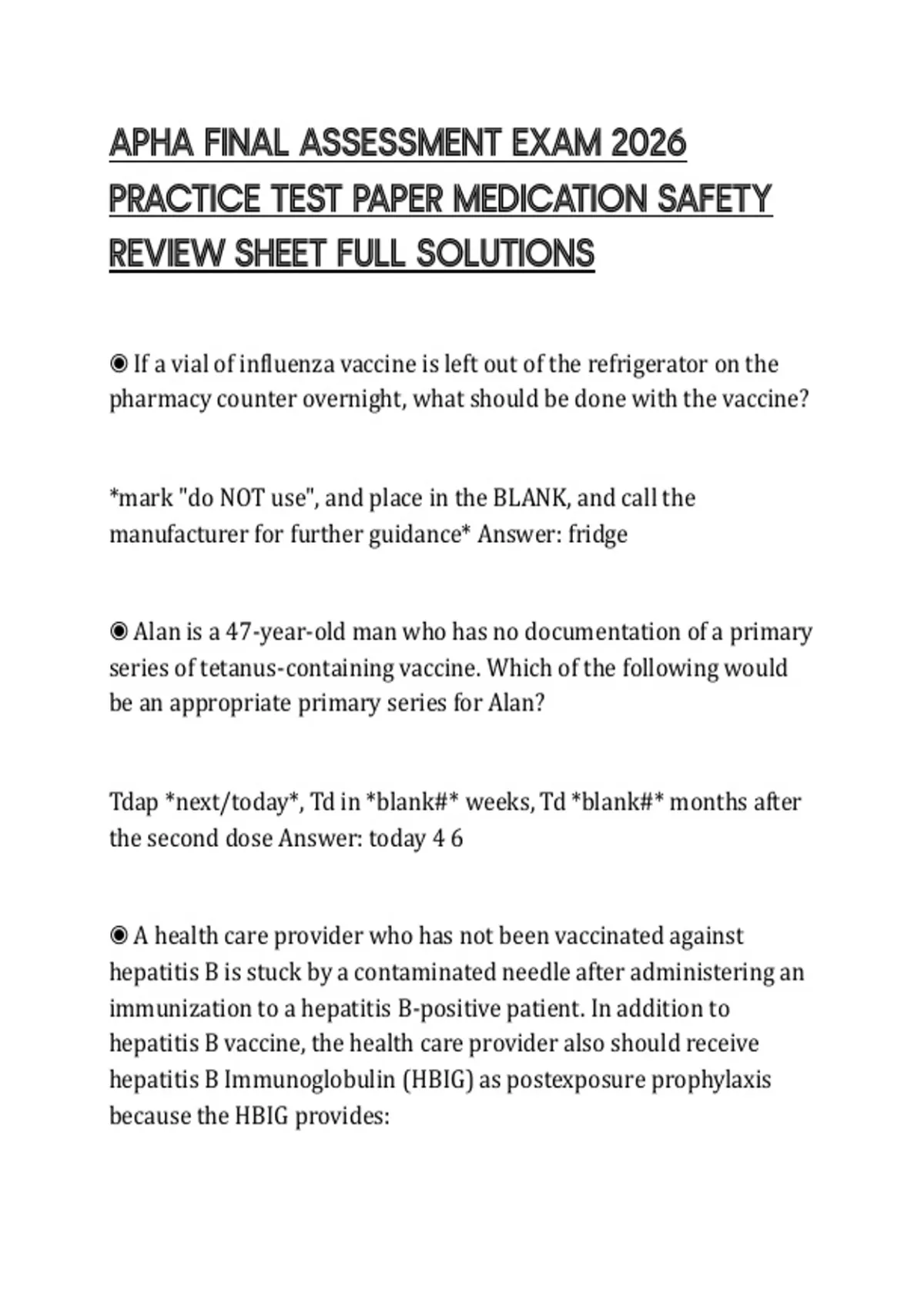 APHA FINAL ASSESSMENT EXAM 2026 PRACTICE TEST PAPER MEDICATION SAFETY ...