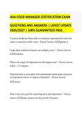 AAA FOOD MANAGER CERTIFICATION EXAM&NewLine;QUESTIONS AND ANSWERS &vert; LATEST UPDATE&NewLine;2026&sol;2027 &vert; 100&percnt; GUARANTEED PASS&period;