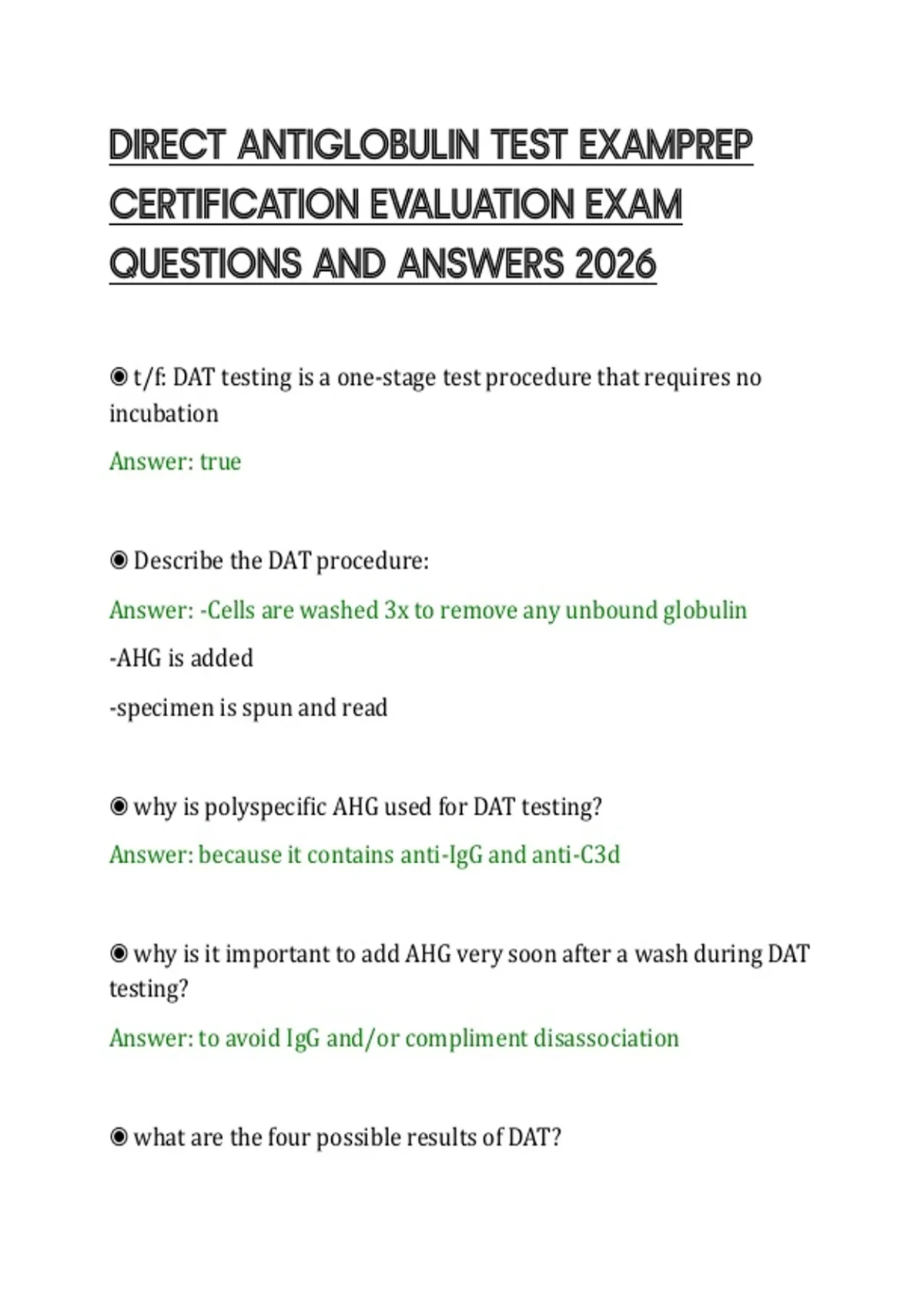 DIRECT ANTIGLOBULIN TEST EXAMPREP CERTIFICATION EVALUATION EXAM ...