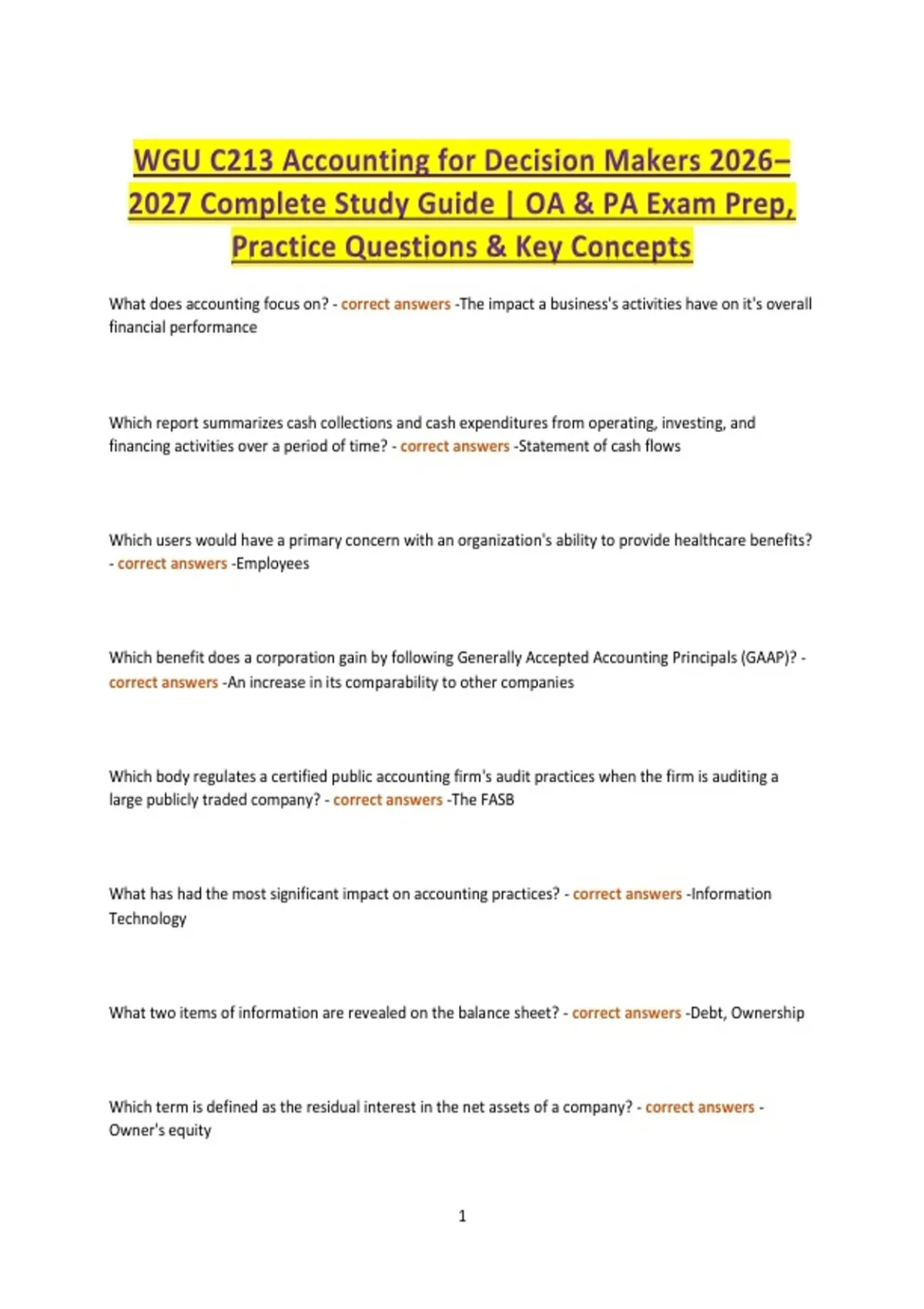 WGU C213 Accounting for Decision Makers Bundle (2026–2027) | Complete ...