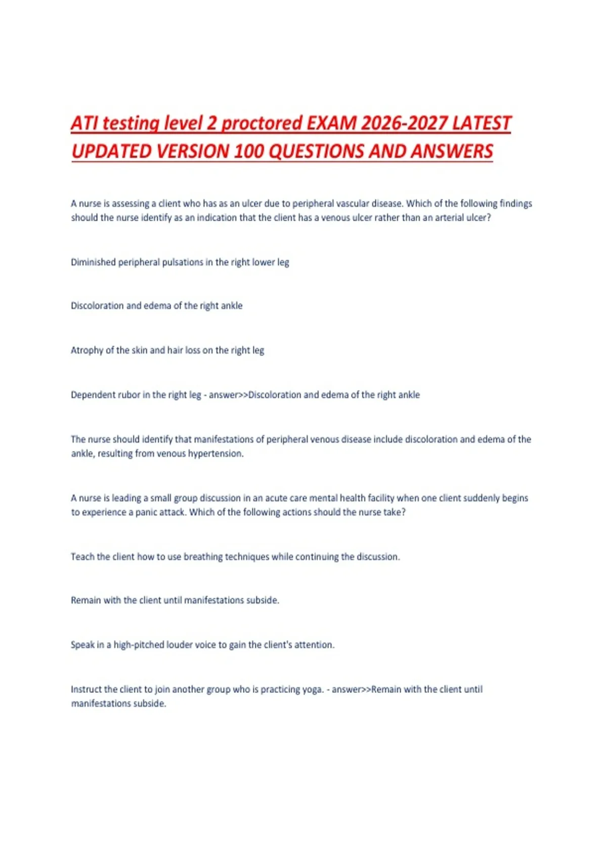 ATI testing level 2 proctored EXAM LATEST UPDATED VERSION 100 QUESTIONS ...