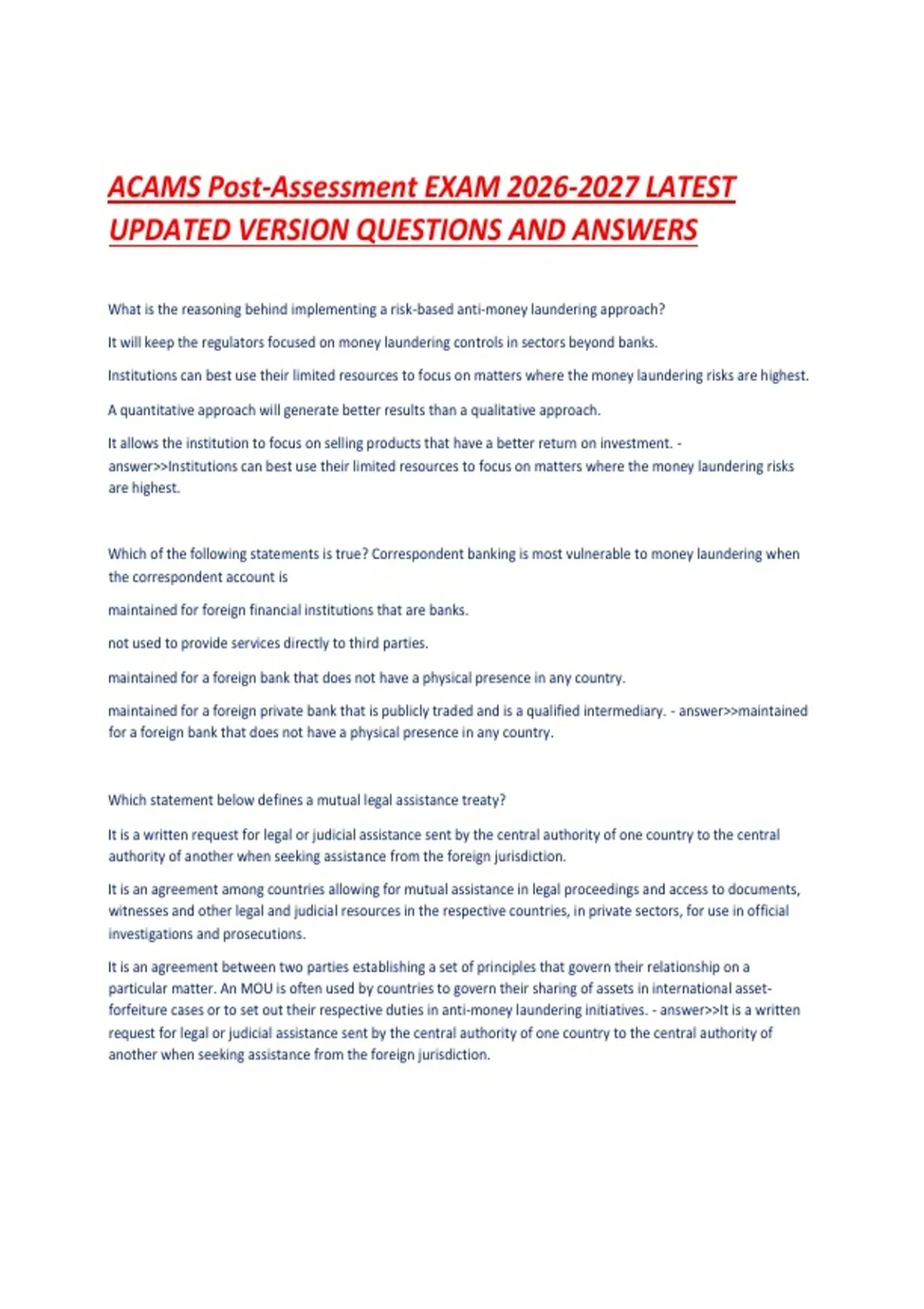 ACAMS Post-Assessment EXAM LATEST UPDATED VERSION QUESTIONS AND ANSWERS ...