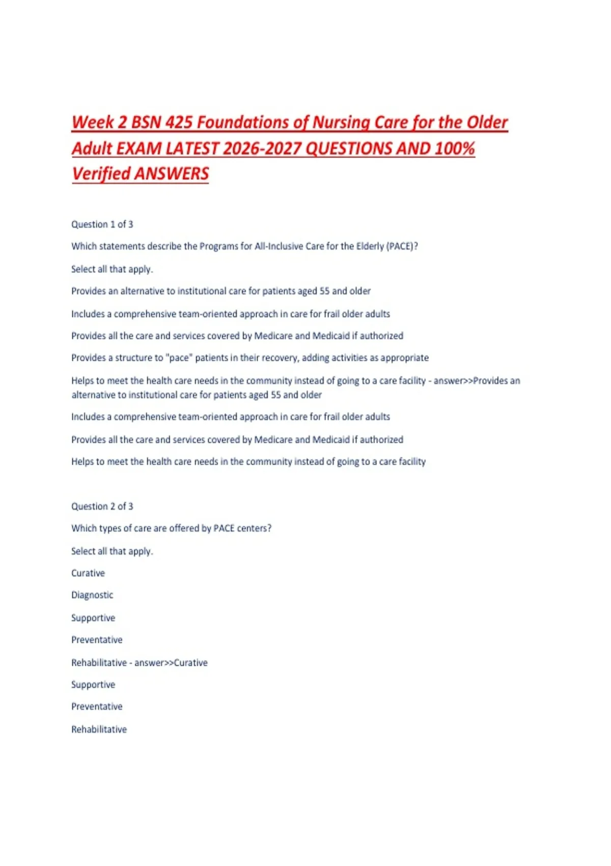 Week 2 BSN 425 Foundations of Nursing Care for the Older Adult EXAM ...