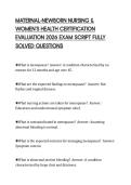MATERNAL-NEWBORN NURSING &&NewLine;WOMEN&rsquo;S HEALTH CERTIFICATION&NewLine;EVALUATION 2026 EXAM SCRIPT FULLY&NewLine;SOLVED QUESTIONS