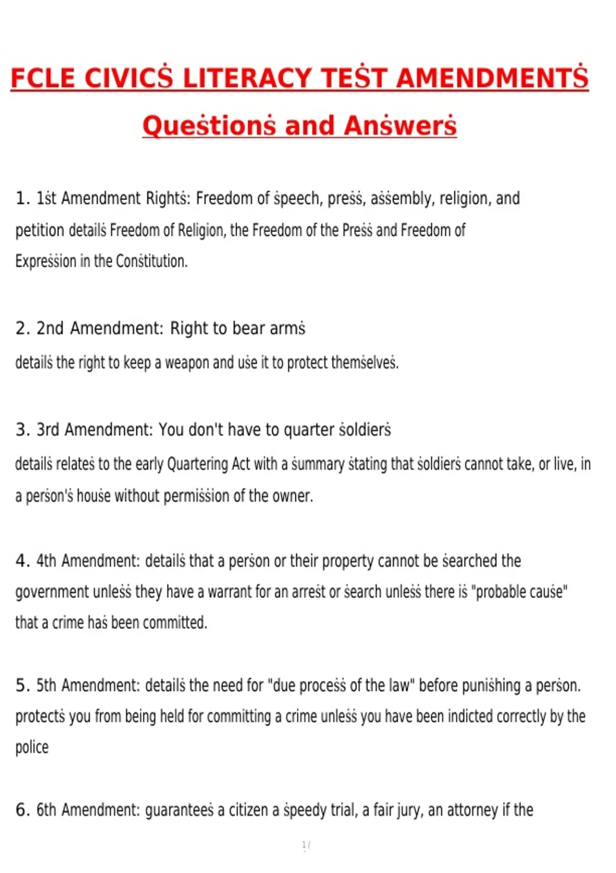 FCLE Civics Literacy Test Amendments Latest 2026 Actual Questions and ...