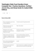 Washington State Food Handlers Exam Complete Test &comma; Practice Questions&comma; Verified Answer Key&comma; and Study Guide for &lpar;Latest 2026 Edition&rpar;