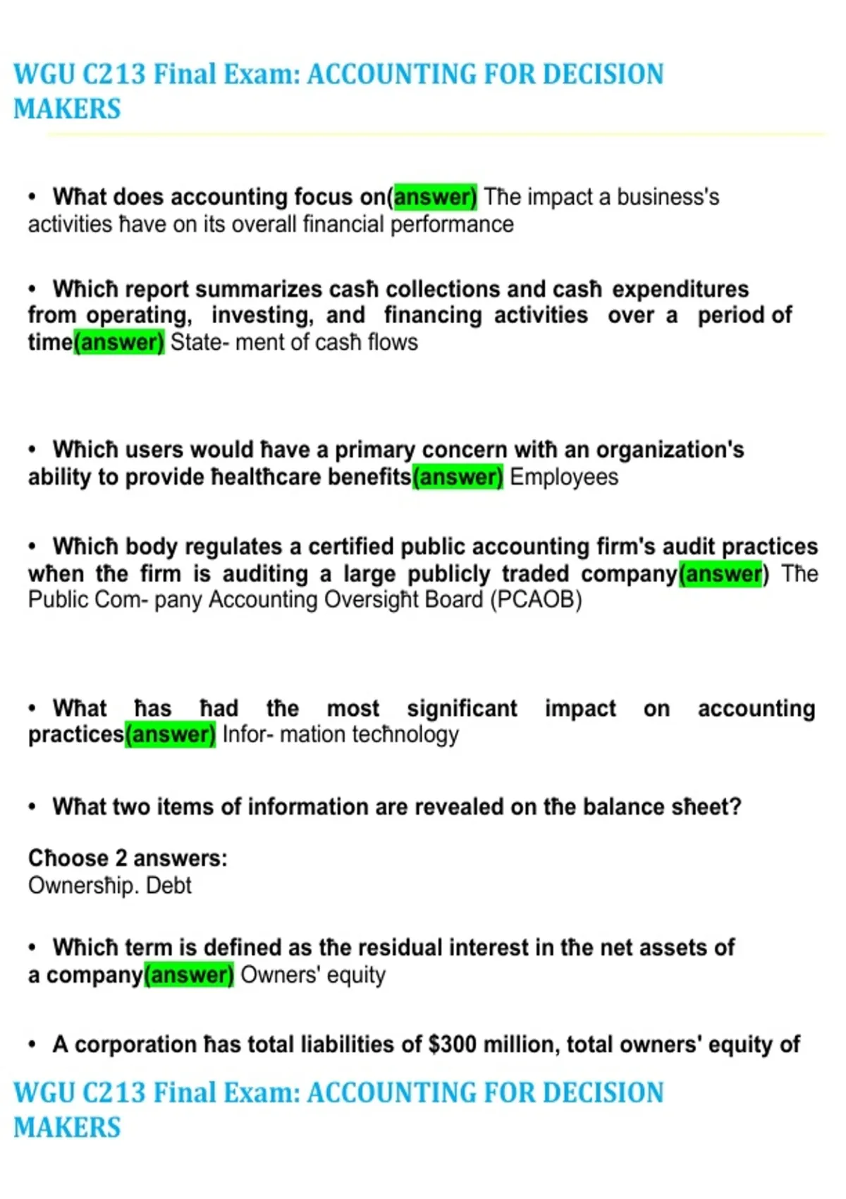WGU C213 Accounting for Decision Makers Final Exam Study Guide | OA ...
