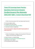 Texas PE Licensing Exam Practice Questions And Correct Answers &lpar;Verified Answers&rpar; Plus Rationales 2026&vert;2027 Q&A &vert; Instant Download Pdf 