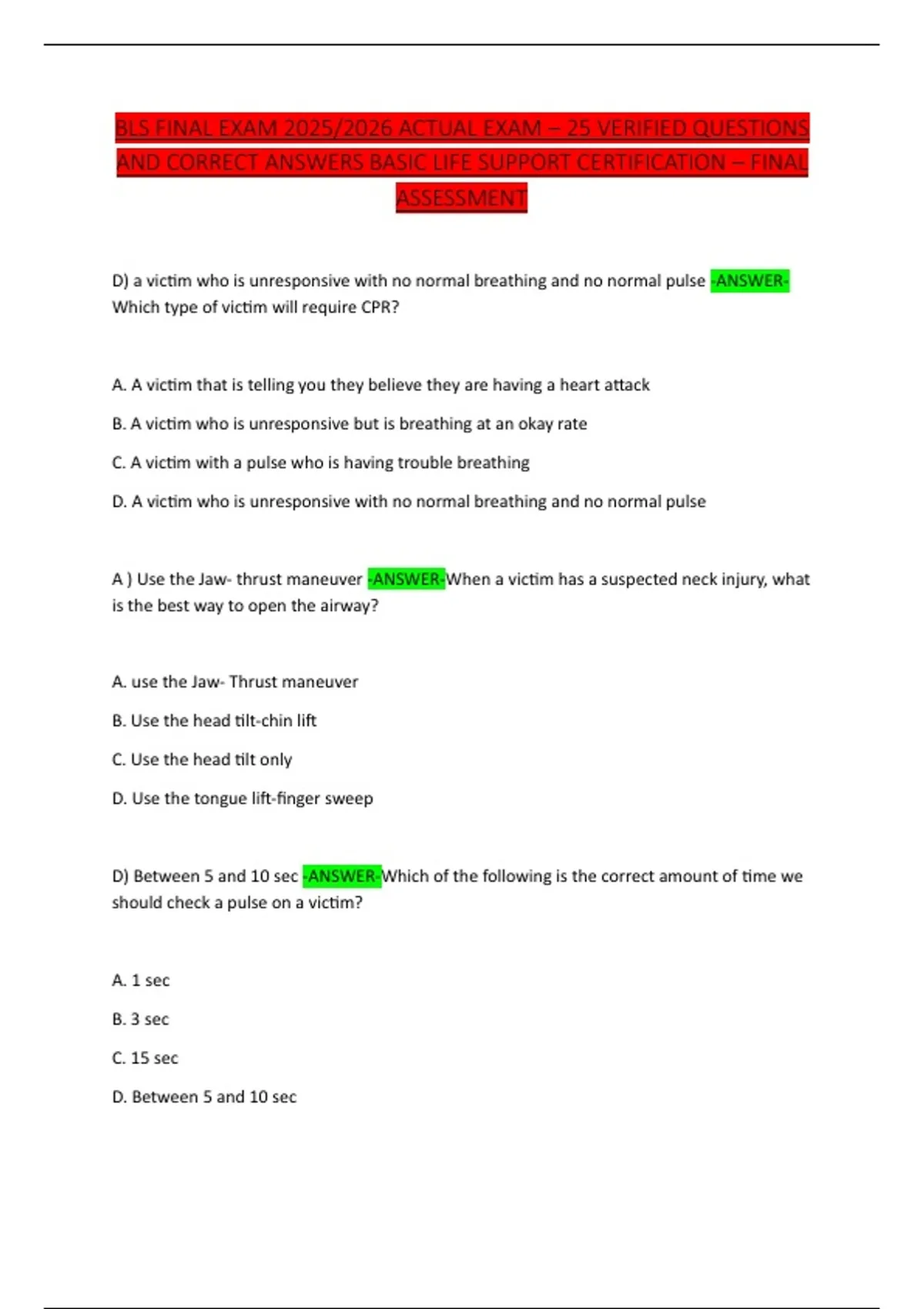 BLS FINAL EXAM 2025/2026 ACTUAL EXAM – 25 VERIFIED QUESTIONS AND ...