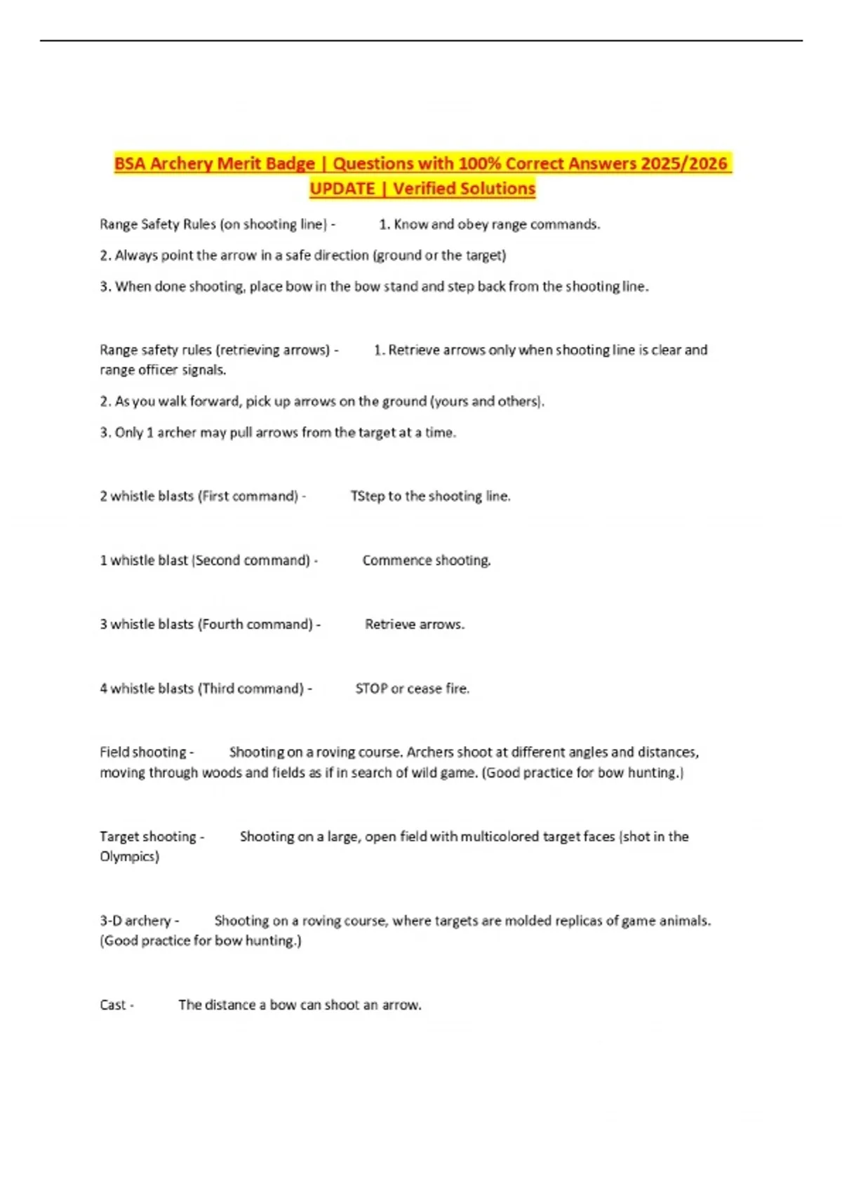 BSA Archery Merit Badge | Questions with 100% Correct Answers 2025/2026 UPDATE | Verified ...
