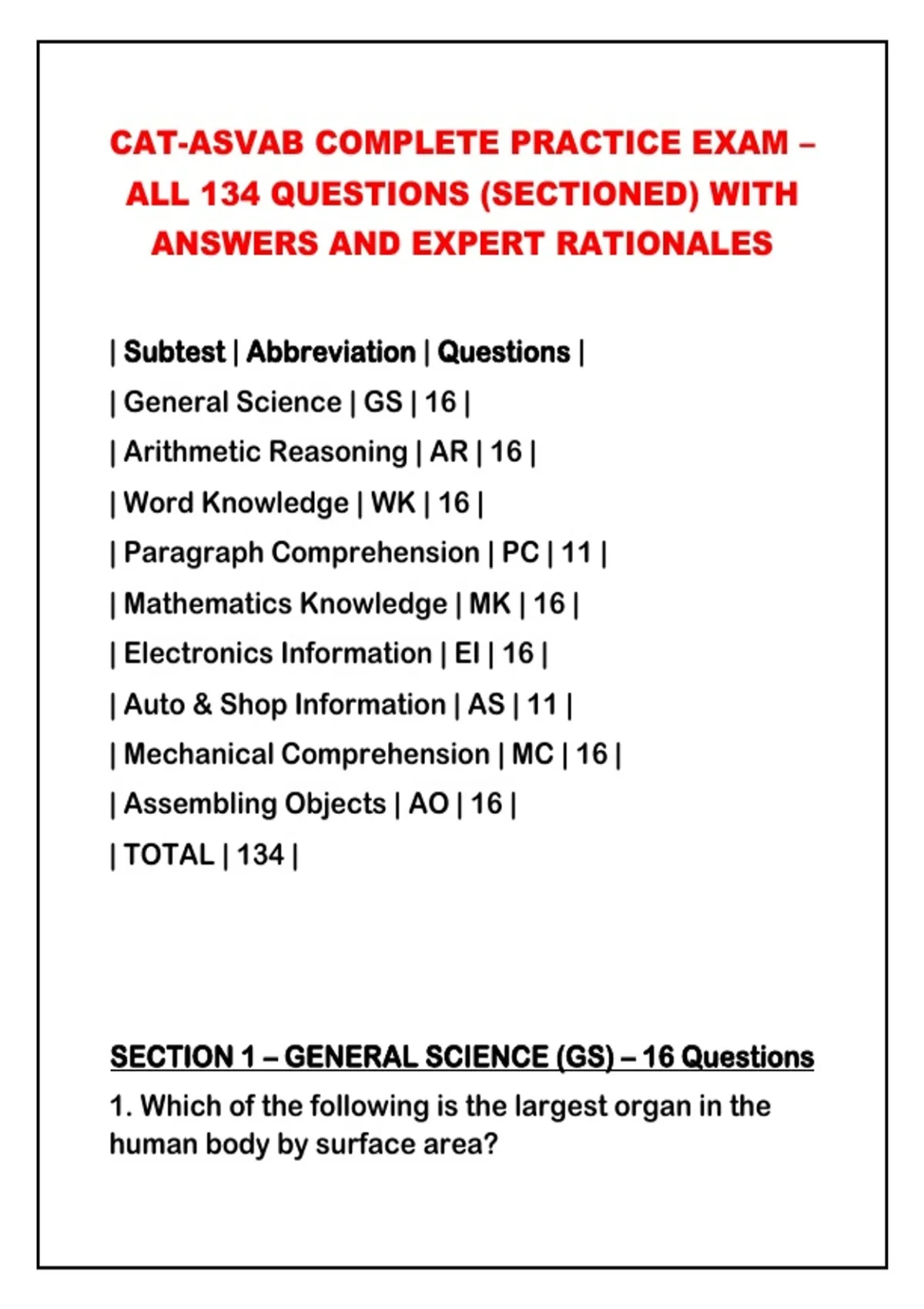 NEWEST CAT-ASVAB COMPLETE PRACTICE EXAM – ALL 134 QUESTIONS (SECTIONED ...
