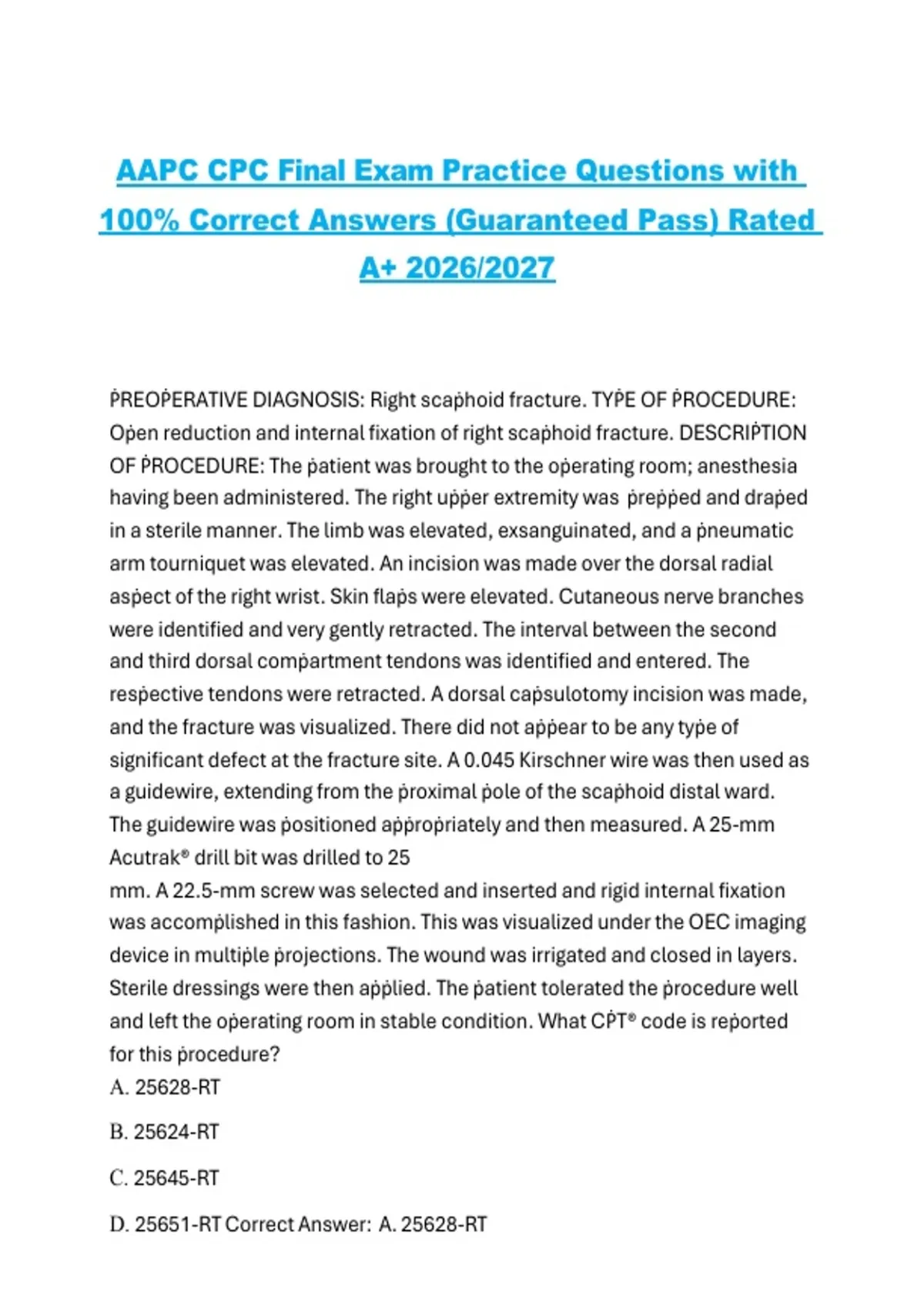 AAPC CPC Final Exam Practice Questions with Correct Answers 2026/2027 ...