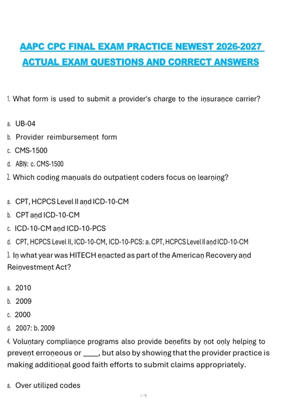 AAPC CPC Final Exam Practice (Newest 2026/2027) – Actual Exam Questions ...