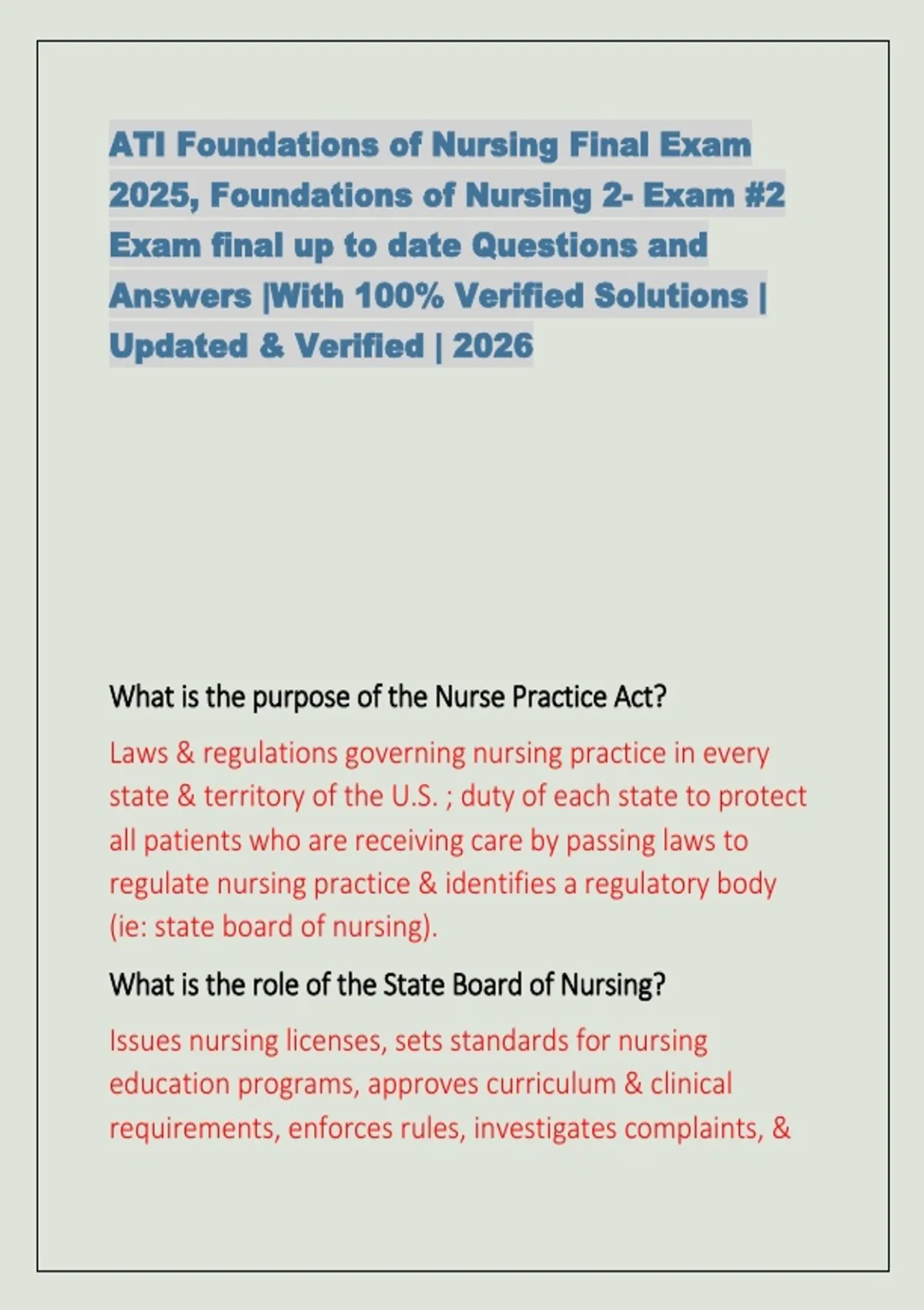 ATI Foundations of Nursing Final Exam 2025, Foundations of Nursing 2 ...