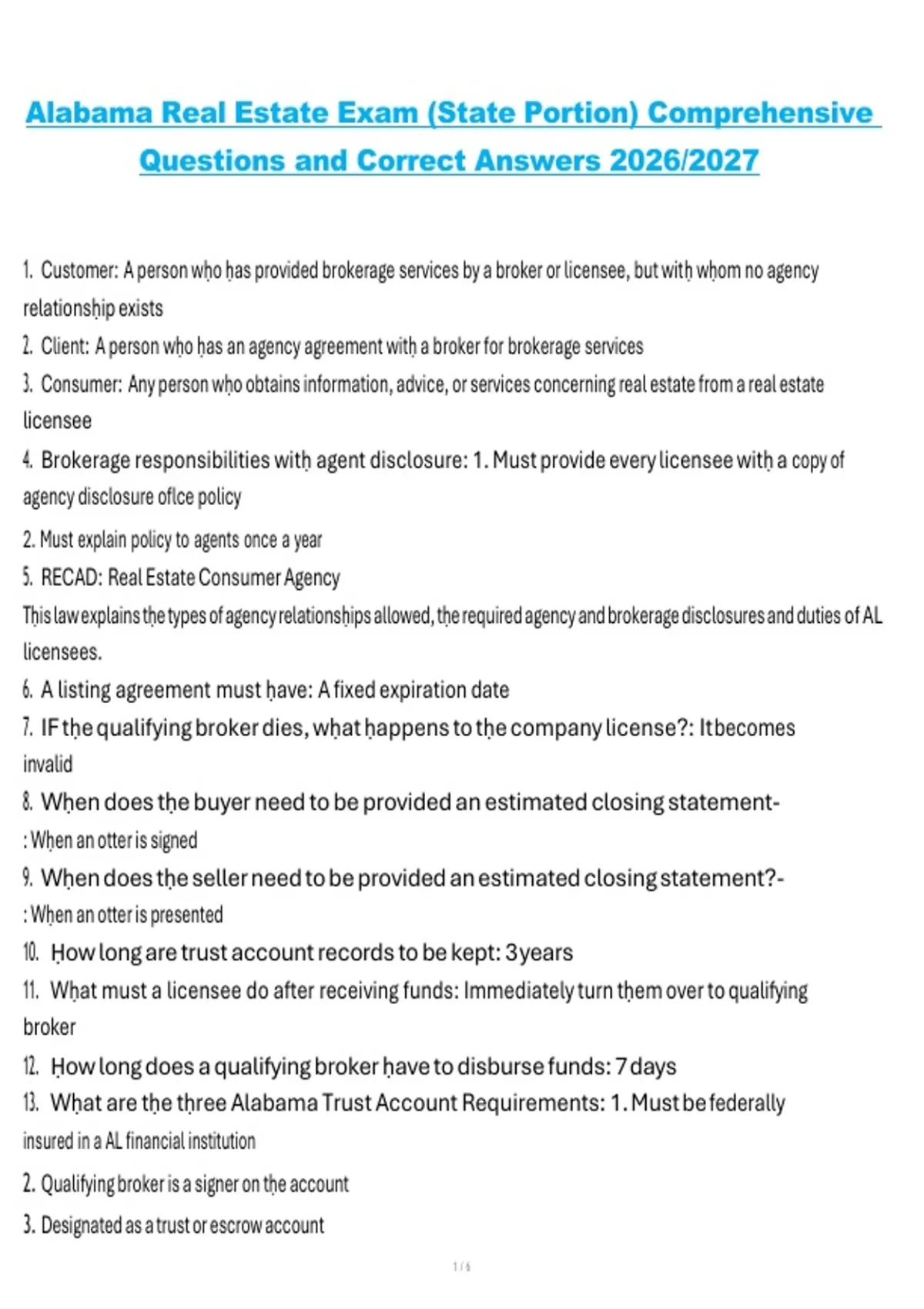 Alabama Real Estate Exam (State Portion) Comprehensive Questions and ...