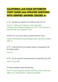 CALIFORNIA LAW EXAM OPTOMETRY &NewLine;STUDY GUIDE 2026 UPDATED QUESTIONS &NewLine;WITH VERIFIED ANSWERS GRADED A&plus; 