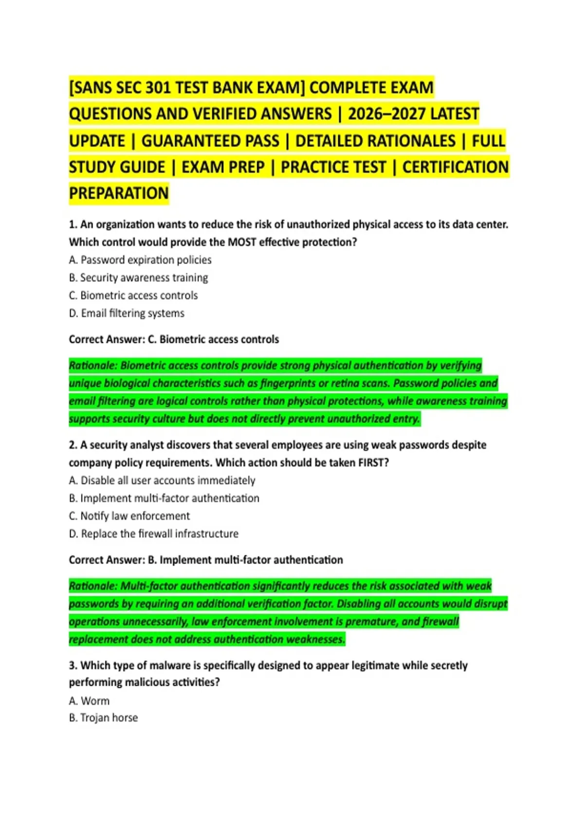 [SANS SEC 301 TEST BANK EXAM] COMPLETE EXAM QUESTIONS AND VERIFIED ...