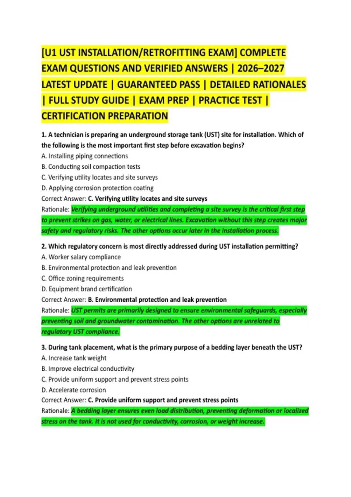 [U1 UST INSTALLATION/RETROFITTING EXAM] COMPLETE EXAM QUESTIONS AND ...