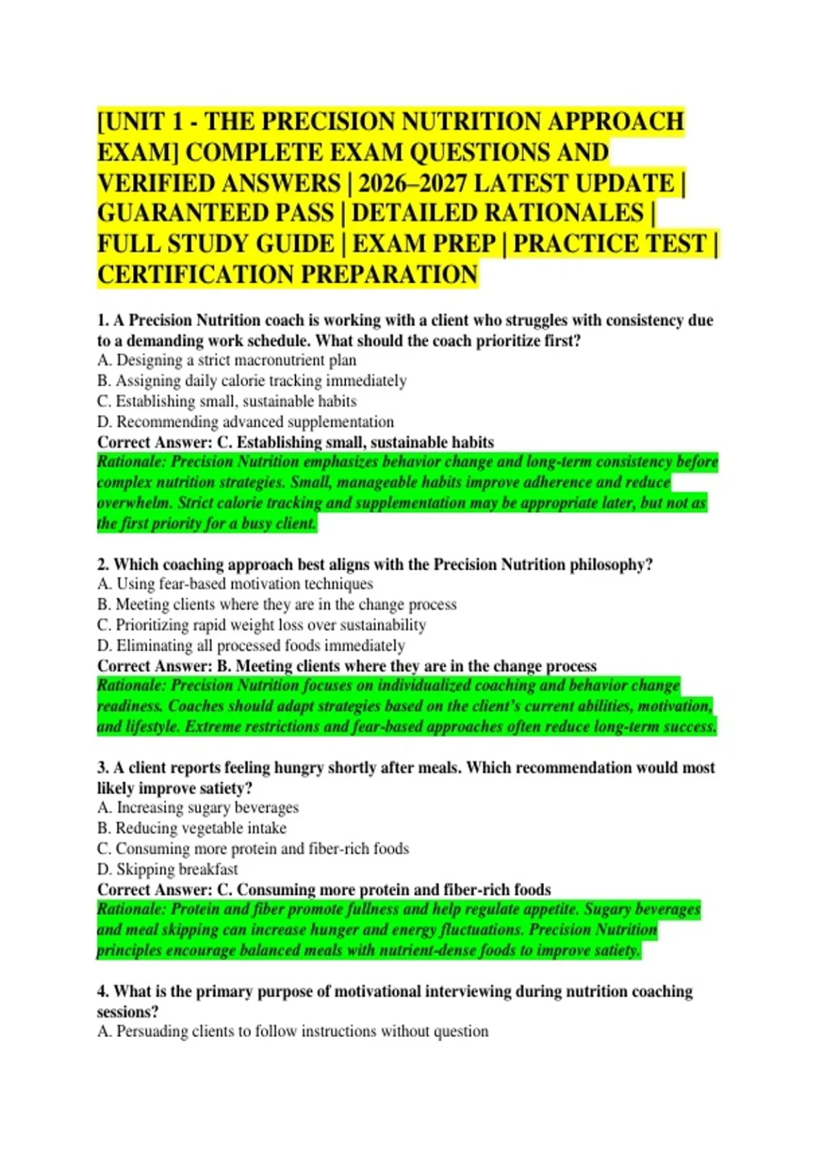 [UNIT 1 - THE PRECISION NUTRITION APPROACH EXAM] COMPLETE EXAM ...
