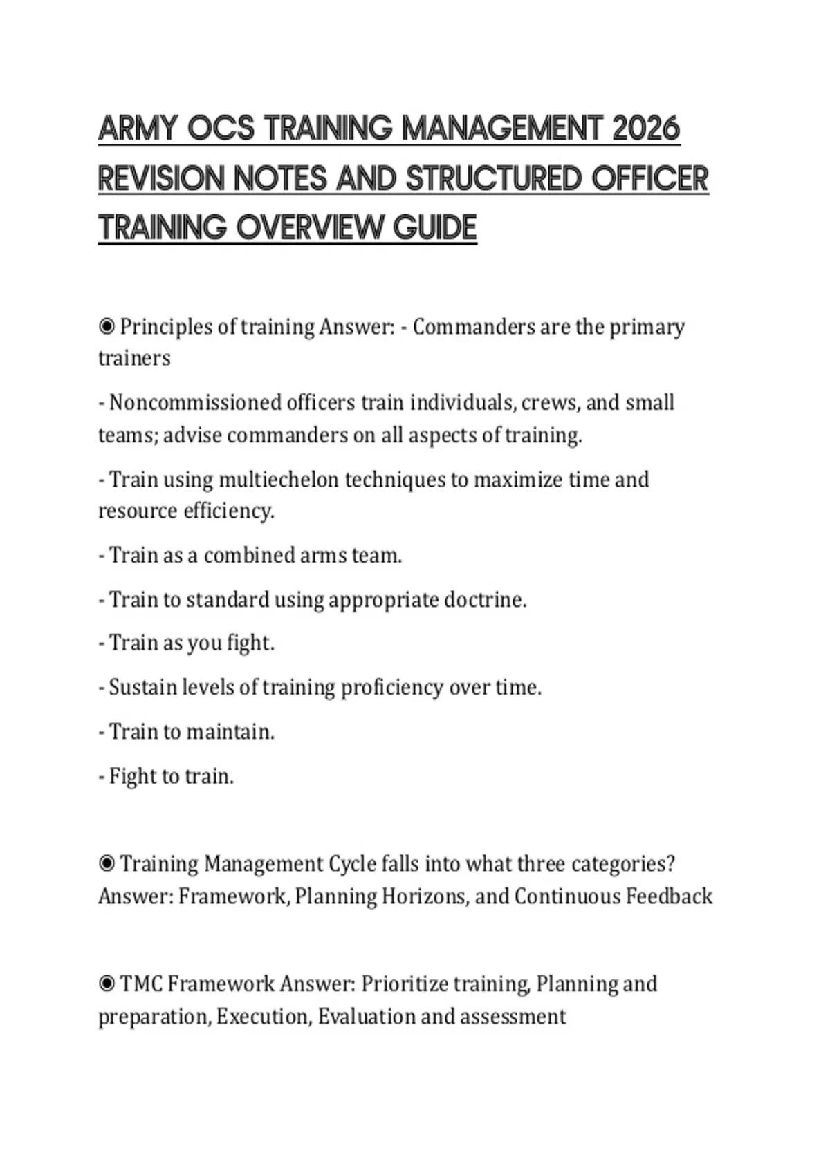 ARMY OCS TRAINING MANAGEMENT 2026 REVISION NOTES AND STRUCTURED OFFICER ...