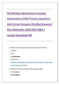 PA Dietitian-Nutritionist Licensing &NewLine;Examination &lpar;CDR&rpar; Practice Questions &NewLine;And Correct Answers &lpar;Verified Answers&rpar; &NewLine;Plus Rationales 2026-2027 Q&A &vert; &NewLine;Instant Download