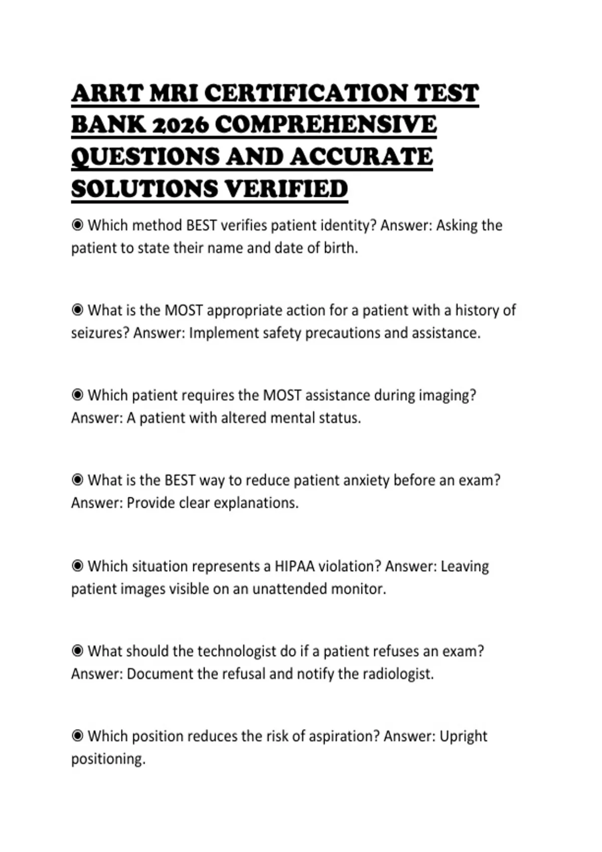 ARRT MRI CERTIFICATION TEST BANK 2026 COMPREHENSIVE QUESTIONS AND ...