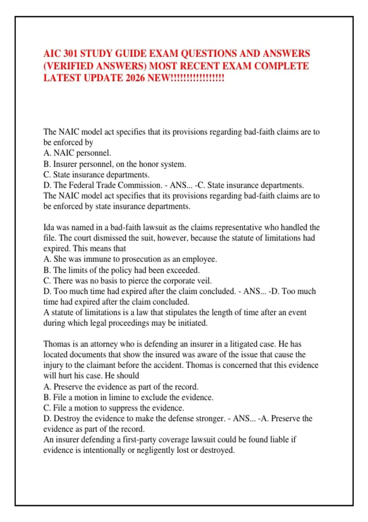 AIC 301 STUDY GUIDE EXAM QUESTIONS AND ANSWERS (VERIFIED ANSWERS) MOST ...