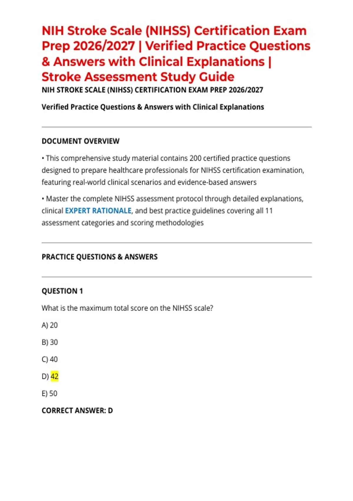 NIH Stroke Scale (NIHSS) Certification Exam Prep 2026/2027 | Verified ...
