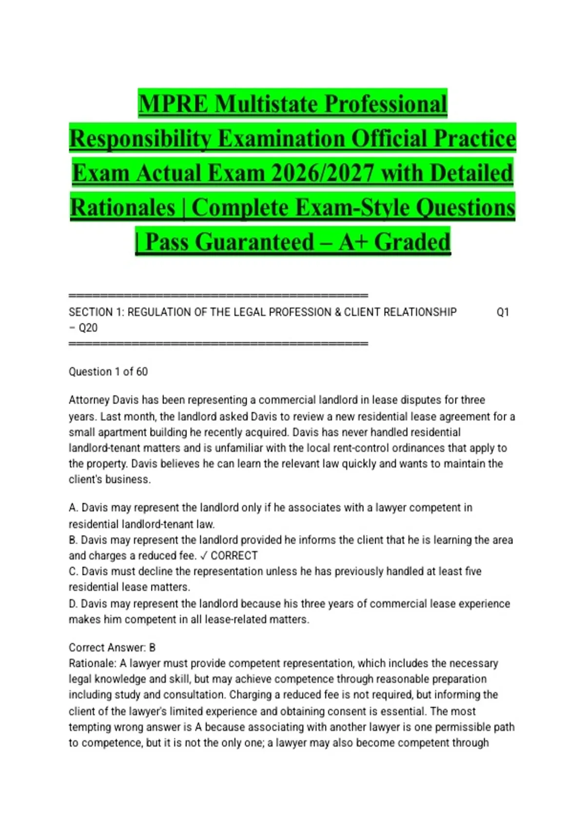 MPRE Multistate Professional Responsibility Examination Official Practice Exam Actual Exam 2026/ ...