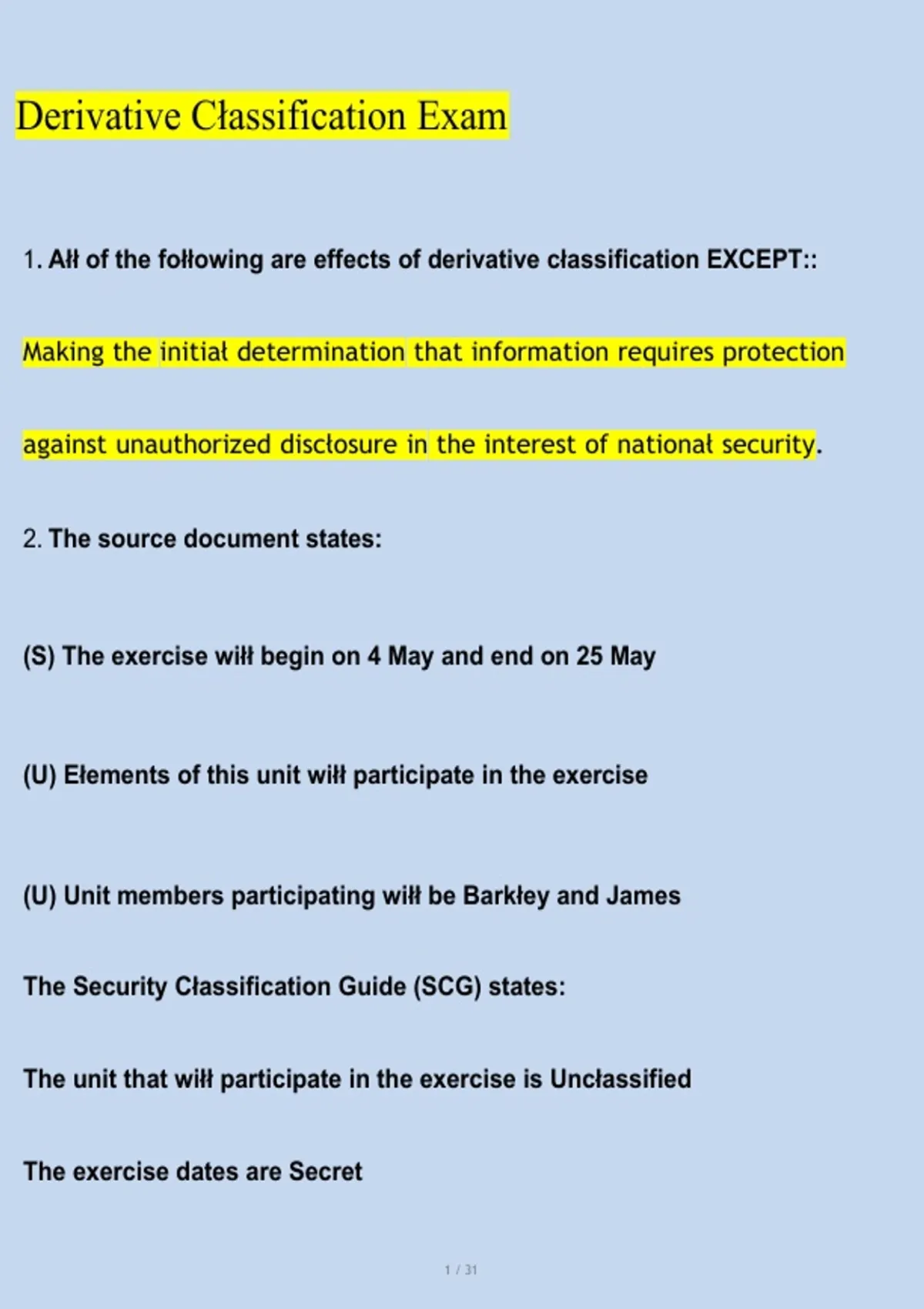 Derivative Classification Practice Questions and Information Security ...