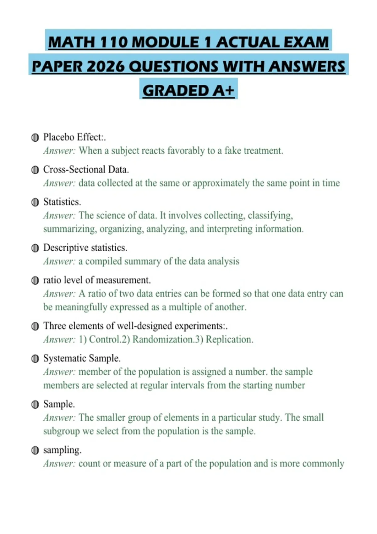 MATH 110 MODULE 1 ACTUAL EXAM PAPER 2026 QUESTIONS WITH ANSWERS GRADED ...
