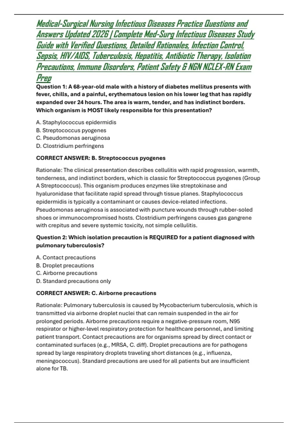 Medical-Surgical Nursing Infectious Diseases Practice Questions and ...