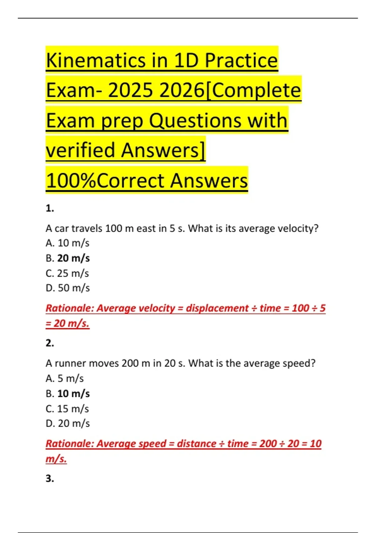 Kinematics in 1D Practice Exam- [Complete Exam prep Questions with ...