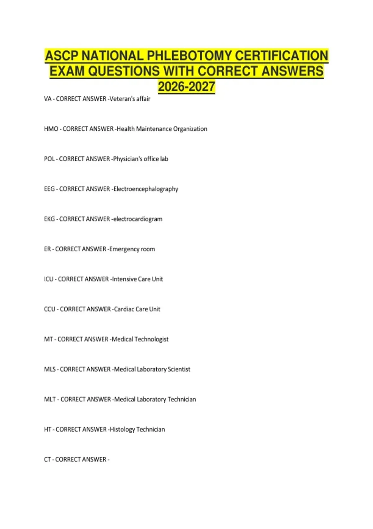 ASCP NATIONAL PHLEBOTOMY CERTIFICATION EXAM QUESTIONS WITH CORRECT ANSWERS - ASCP - Stuvia US