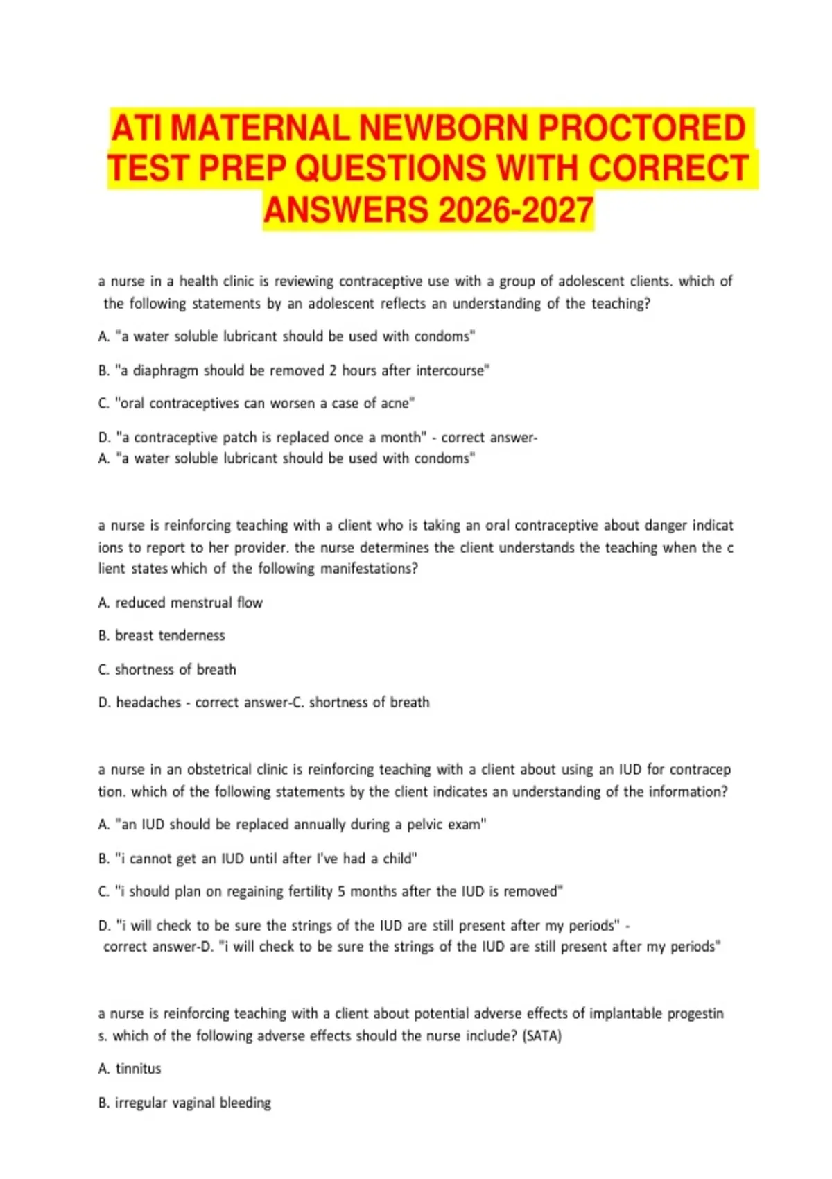 ATI MATERNAL NEWBORN PROCTORED TEST PREP QUESTIONS WITH CORRECT ANSWERS ...