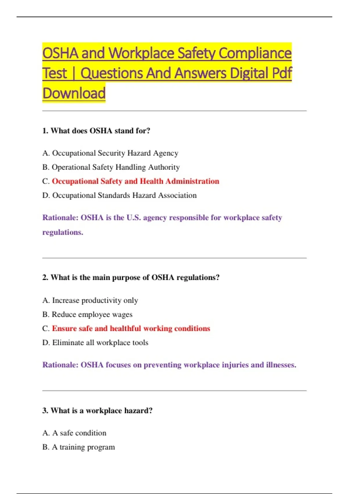 OSHA and Workplace Safety Compliance Test | Questions And Answers ...