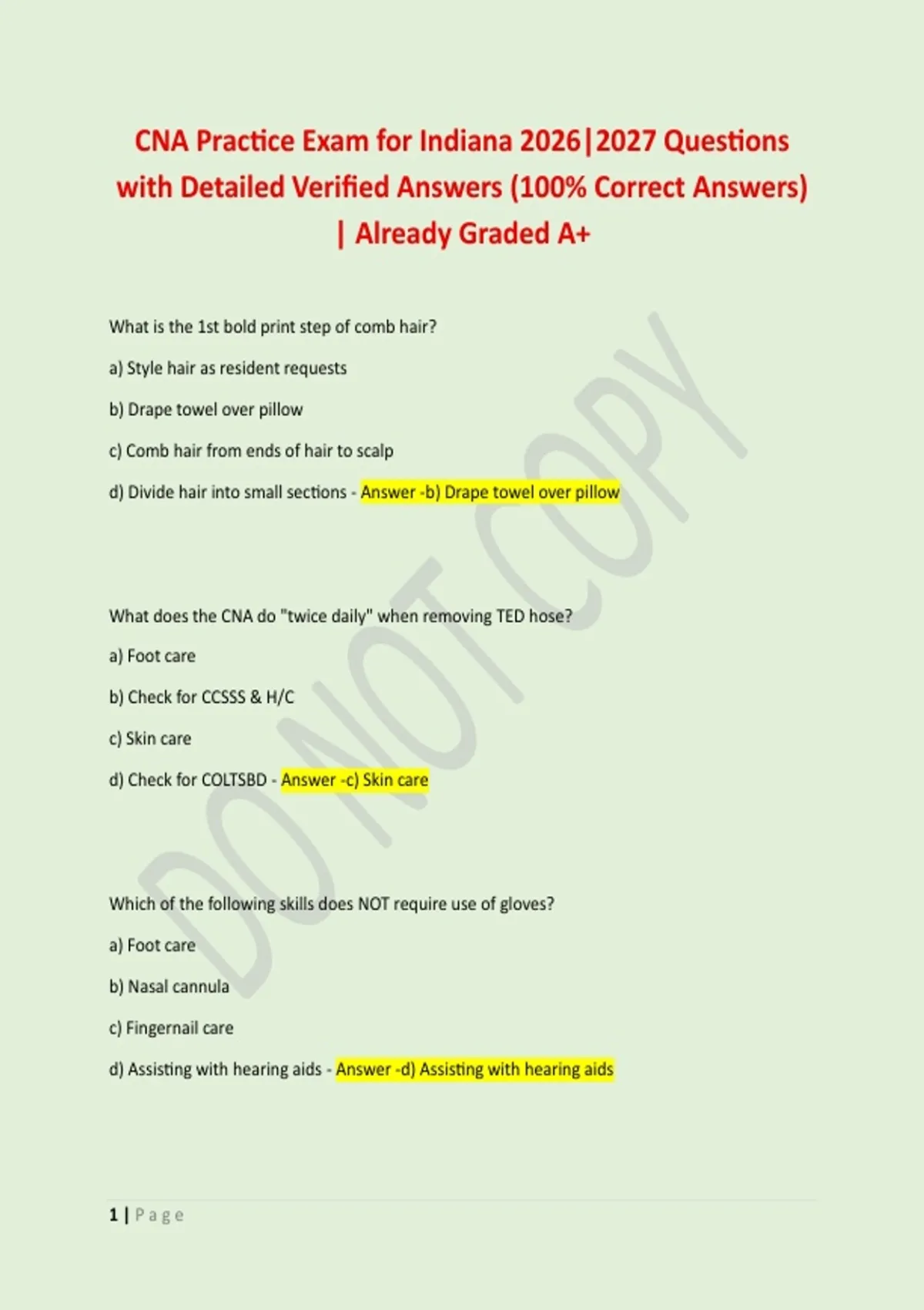 CNA Practice Exam for Indiana 2026|2027 Questions with Detailed Verified Answers (100% Correct ...