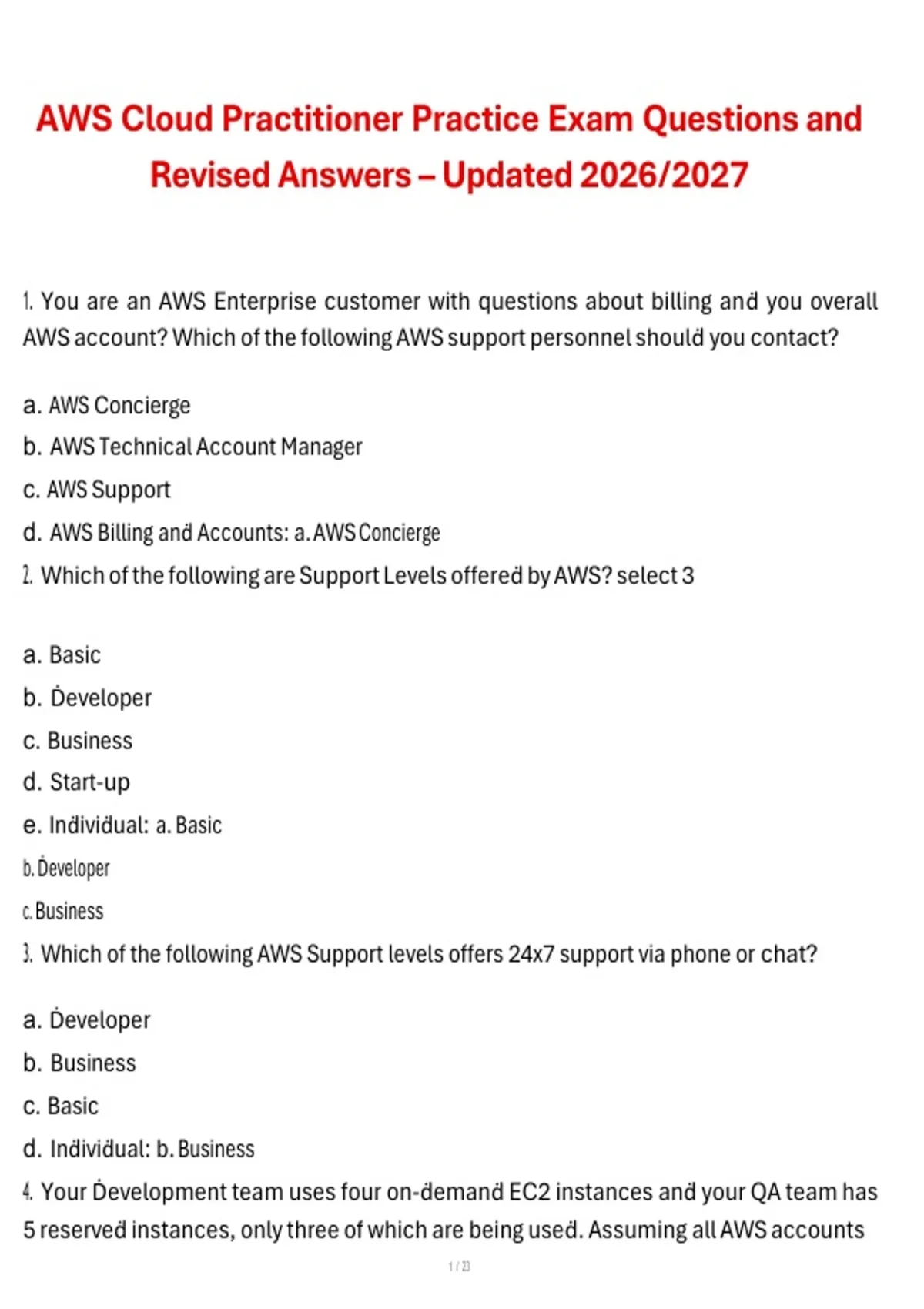 AWS Cloud Practitioner Practice Exam Questions and Revised Answers ...