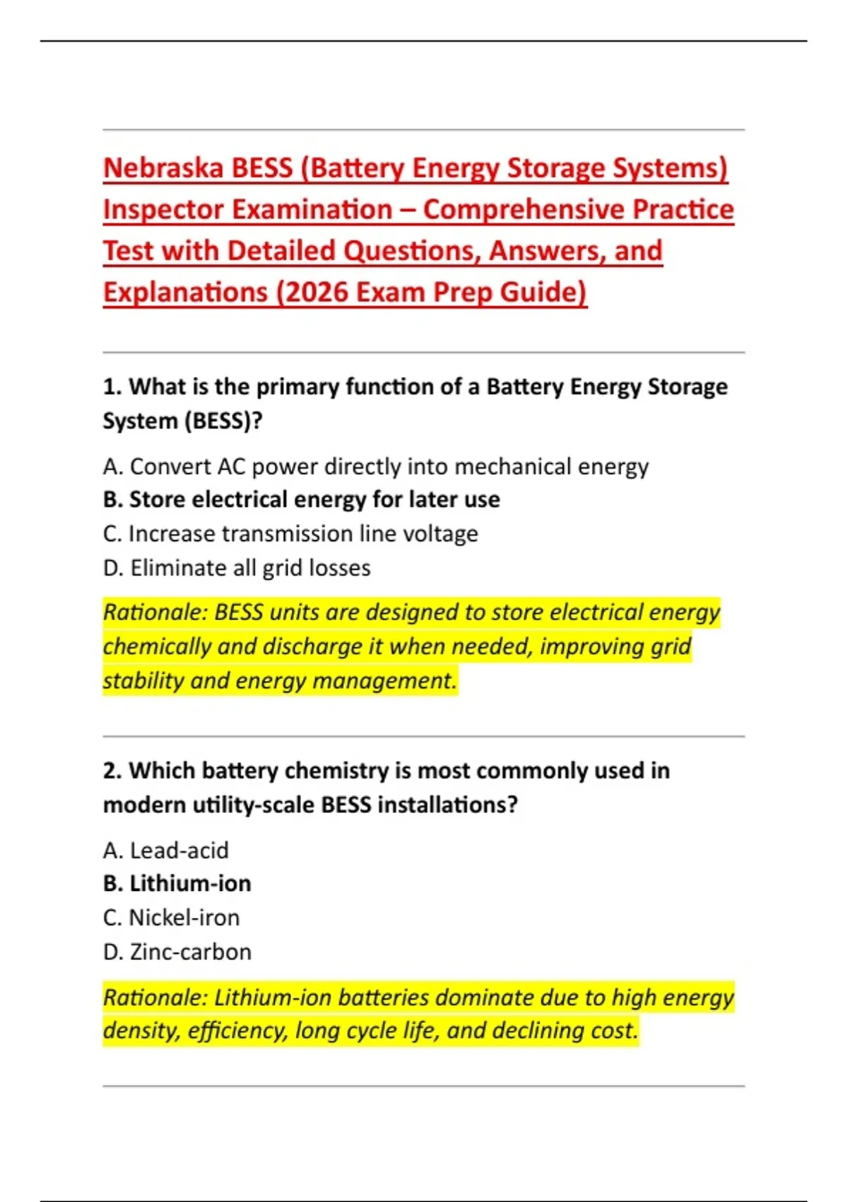 Bess Test Sheet.pdf Nebraska BESS (Battery Energy Storage Systems) Inspector Examination ...
