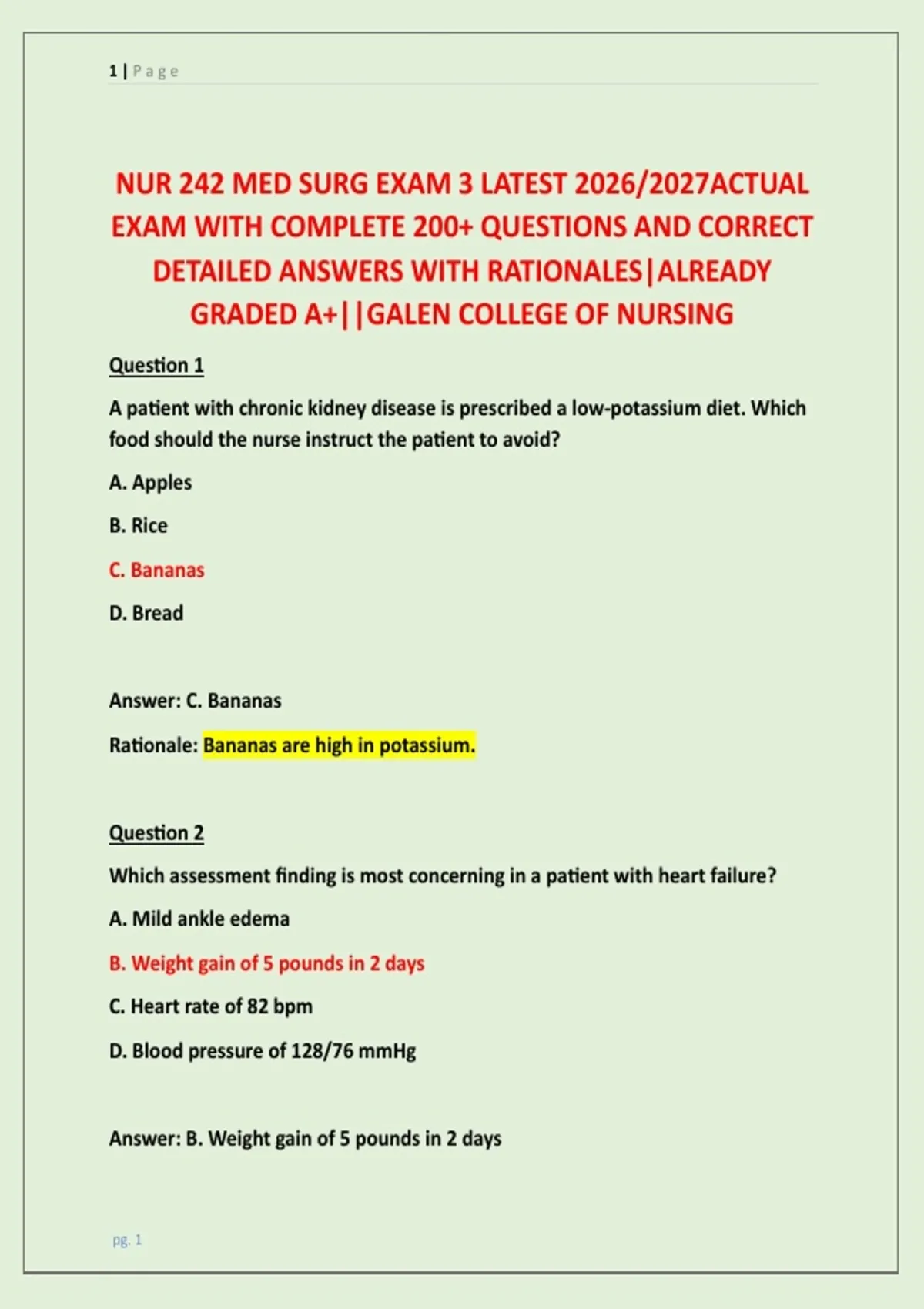 NUR 242 MED SURG EXAM 3 LATEST 2026/2027ACTUAL EXAM WITH COMPLETE 200 ...