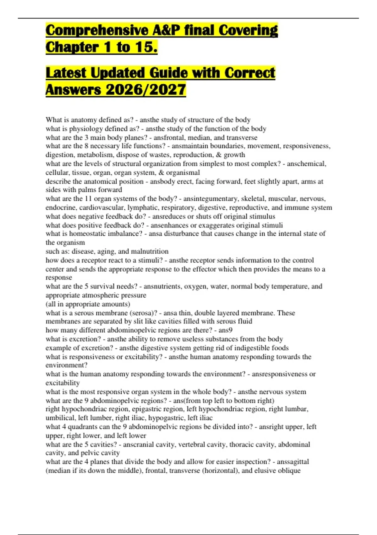 COMPREHENSIVE ANATOMY AND PHYSIOLOGY FINAL EXAM REVIEW CHAPTERS 1-15 ...