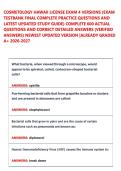 COSMETOLOGY HAWAII LICENSE EXAM 4 VERSIONS &lpar;EXAM &NewLine;TESTBANK FINAL COMPLETE PRACTICE QUESTIONS AND &NewLine;LATEST UPDATED STUDY GUIDE&rpar; COMPLETE 600 ACTUAL &NewLine;QUESTIONS AND CORRECT DETAILED ANSWERS &lpar;VERIFIED &NewLine;ANSWERS&rpar; NEWEST UPDATED VERSION &vert;ALREADY GRADED &NewLine;A&plus; 2