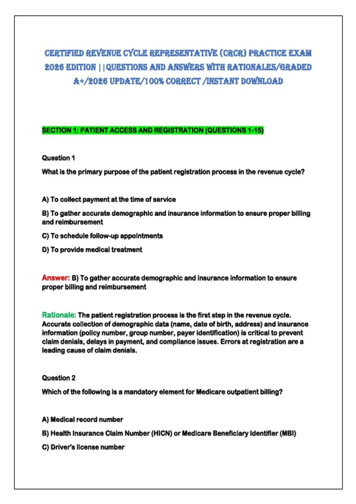 CERTIFIED REVENUE CYCLE REPRESENTATIVE (CRCR) PRACTICE EXAM 2026 ...