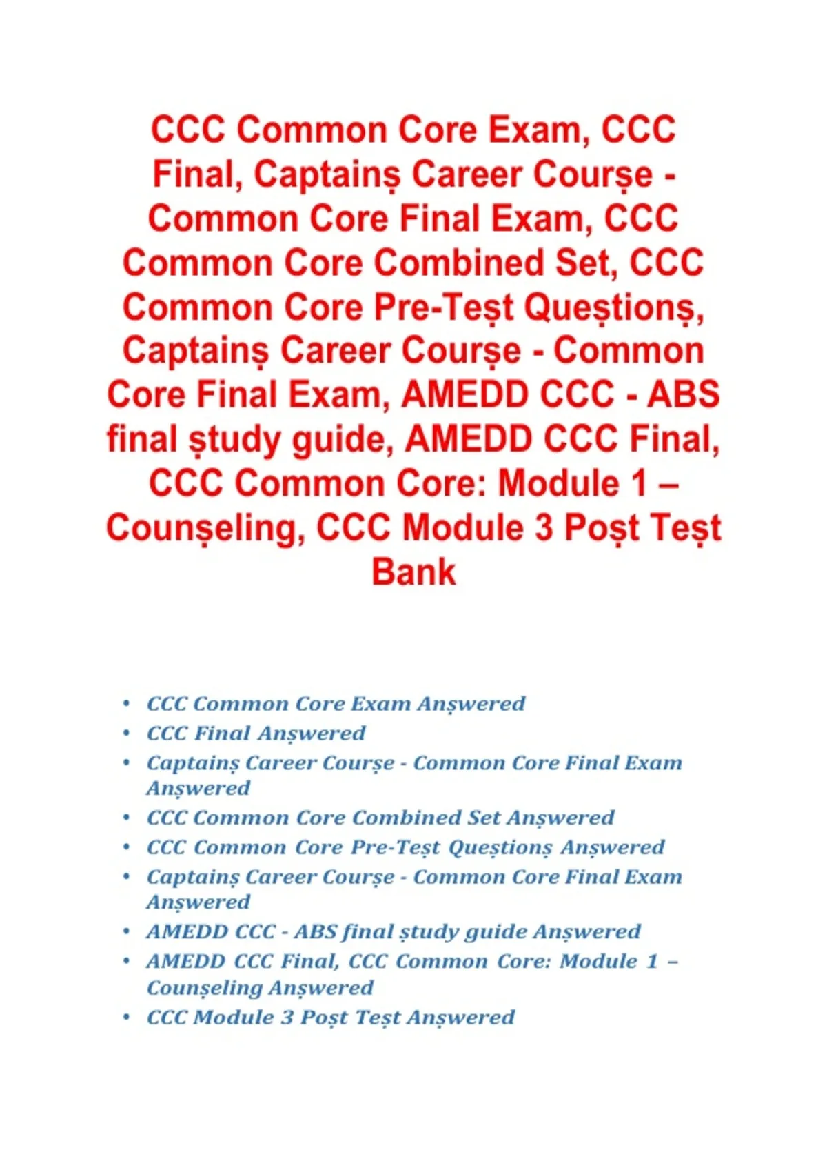 CCC Common Core Exam and AMEDD CCC Study Guide Questions and Answers ...