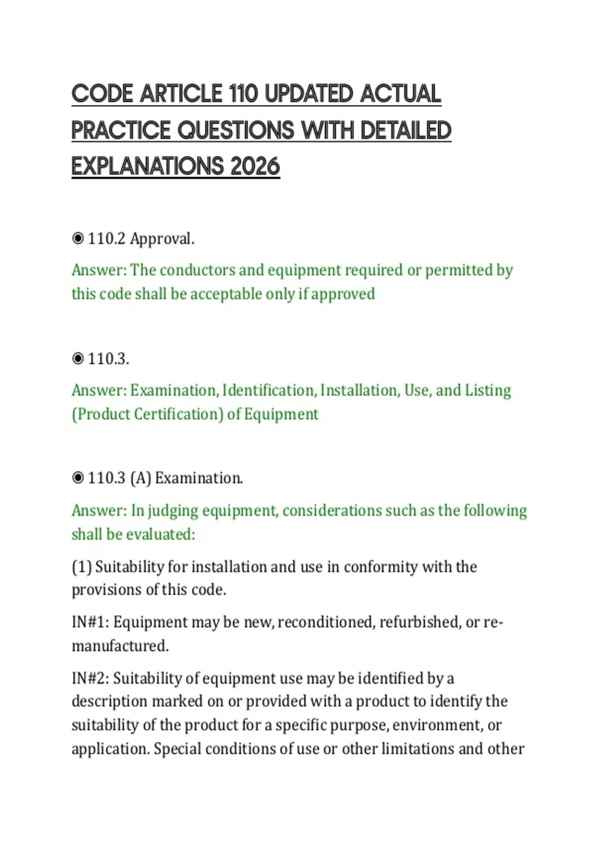 CODE ARTICLE 110 UPDATED ACTUAL PRACTICE QUESTIONS WITH DETAILED ...