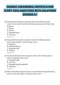 HAZMAT AWARENESS CERTIFICATION&NewLine;SCRIPT 2026 QUESTIONS WITH SOLUTIONS&NewLine;GRADED A&plus;