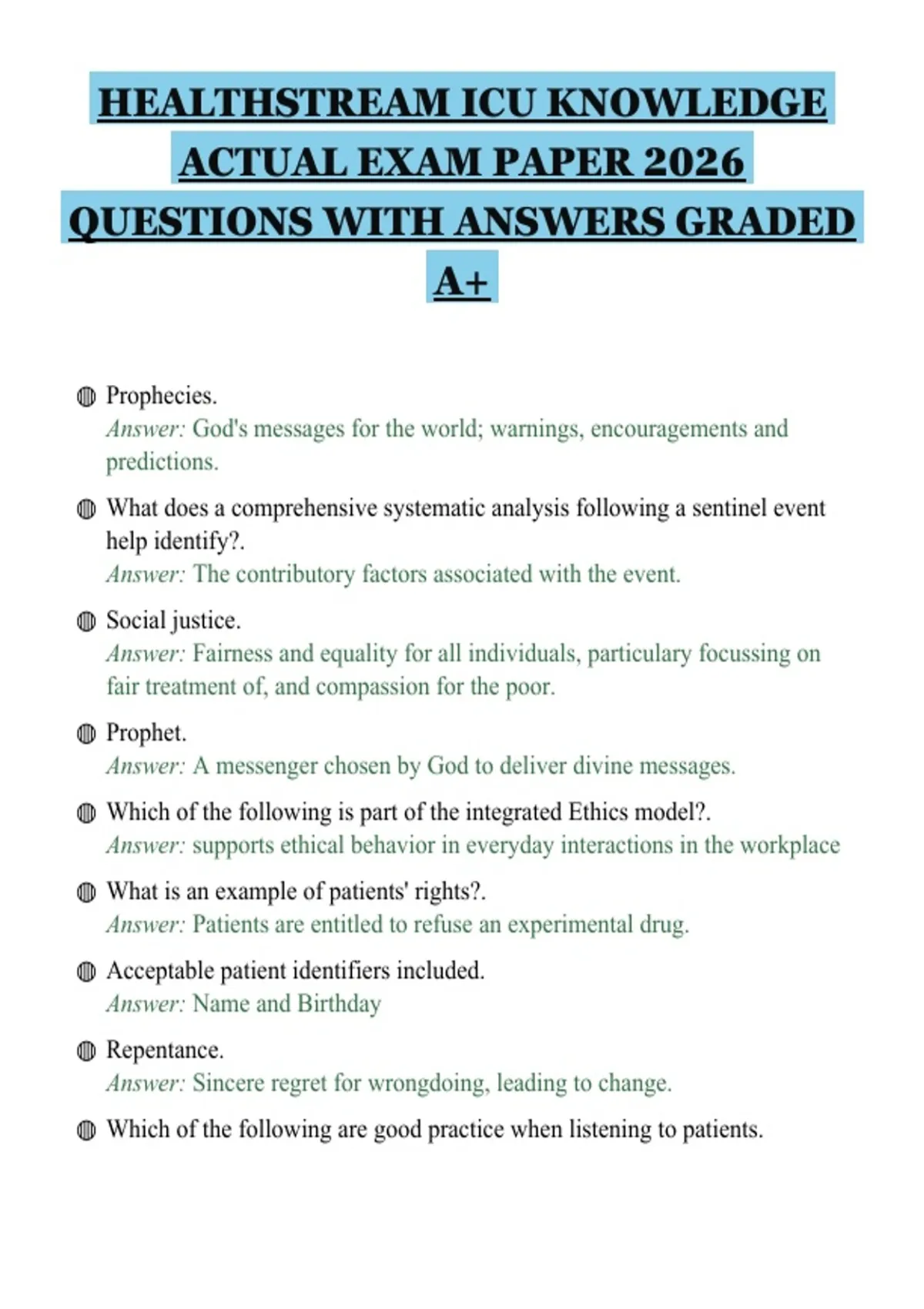 Firsticu Paper Code HEALTHSTREAM ICU KNOWLEDGE ACTUAL EXAM PAPER 2026 QUESTIONS WITH ...