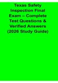 Texas Safety Inspection Final Exam Complete Test Questions and Verified Answers 2026 Study Guide Latest Safety Inspection Exam Review Test Bank with Solution 2026&sol; 2027