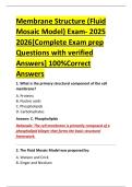 Membrane Structure &lpar;Fluid &NewLine;Mosaic Model&rpar; Exam- 2025 &NewLine;2026&lbrack;Complete Exam prep &NewLine;Questions with verified &NewLine;Answers&rsqb; 100&percnt;Correct &NewLine;Answers 