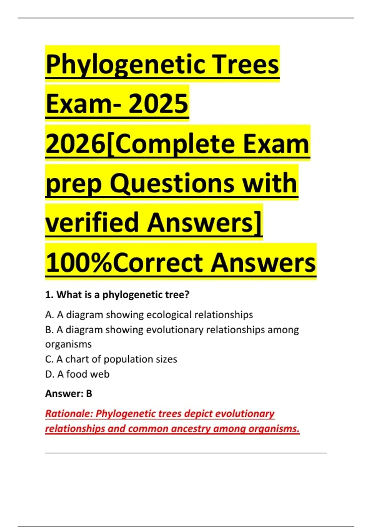 Phylogenetic Trees Exam- 2025 2026[Complete Exam prep Questions with ...